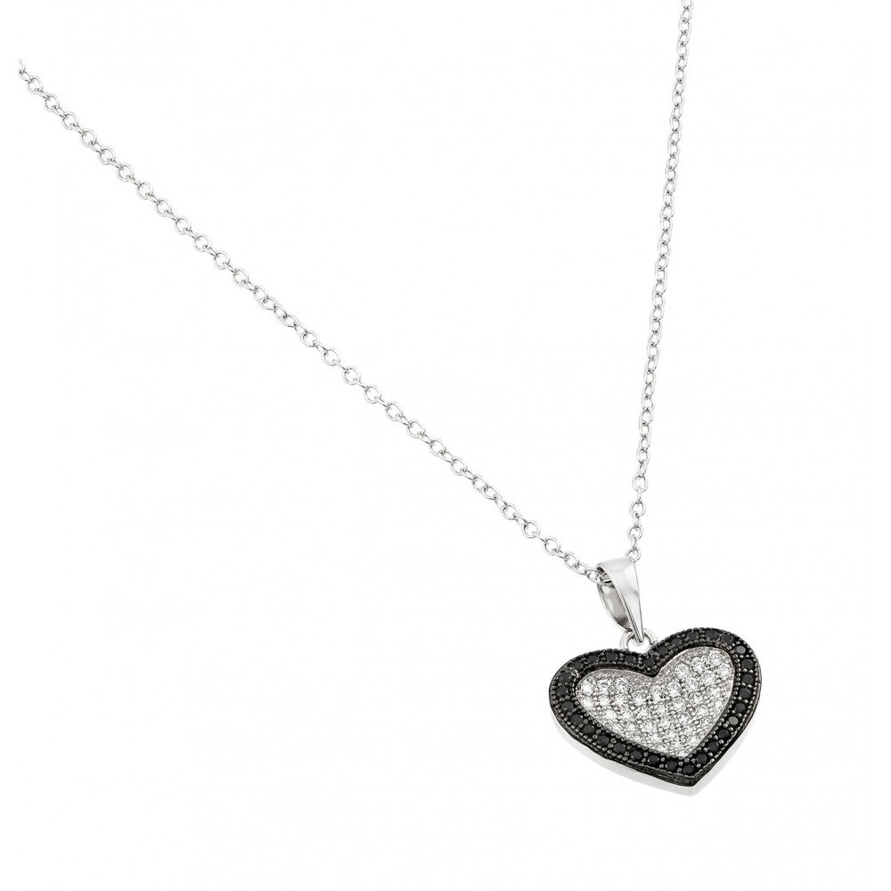 Sterling Silver Necklace with Two-Toned Paved Black and Clear Czs Heart PendantAnd Pendant Dimensions of 15MMx13.6MM