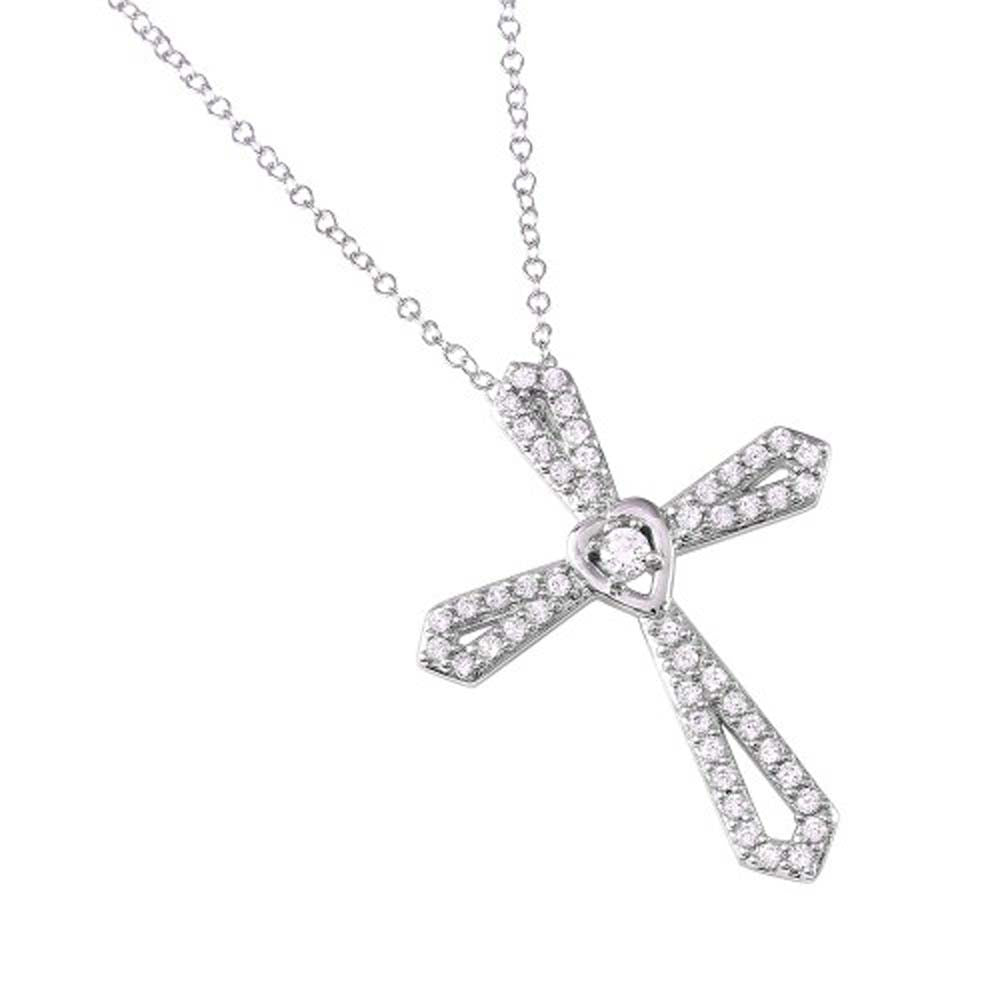 Sterling Silver Rhodium Plated Necklace with Fancy Paved Cross PendantAndSpring Clasp ClosureAnd Length of 16  with 2  extension