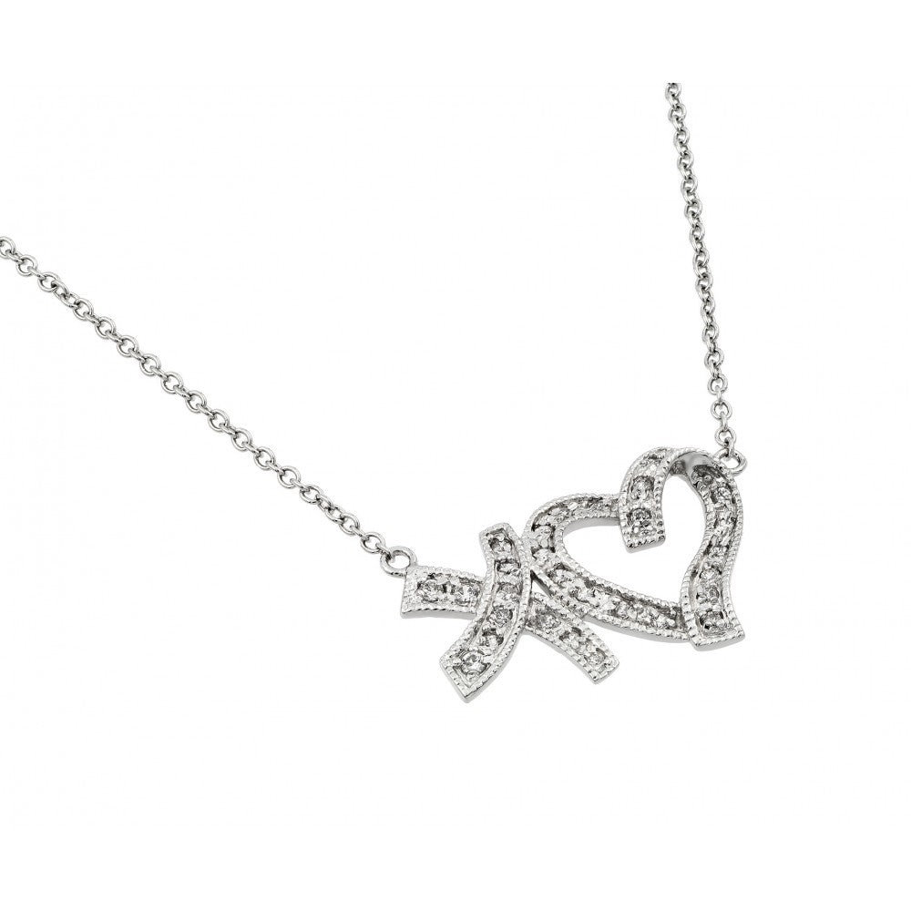 Sterling Silver Rhodium Plated Clear CZ XO Heart Necklace