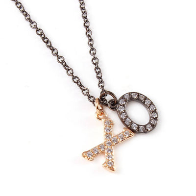 Sterling Silver Black Rhodium and Rose Gold Plated Plated XO Hug Kiss Necklace with CZ