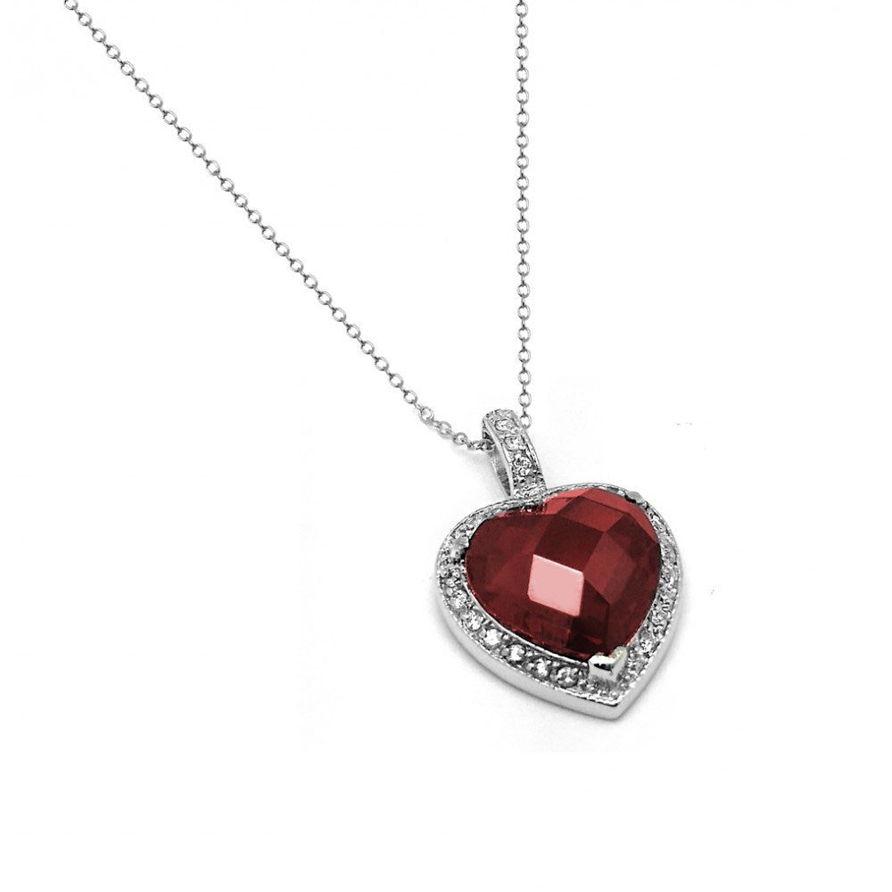 Sterling Silver Rhodium Plated Clear and Red CZ Heart Pendant Necklace