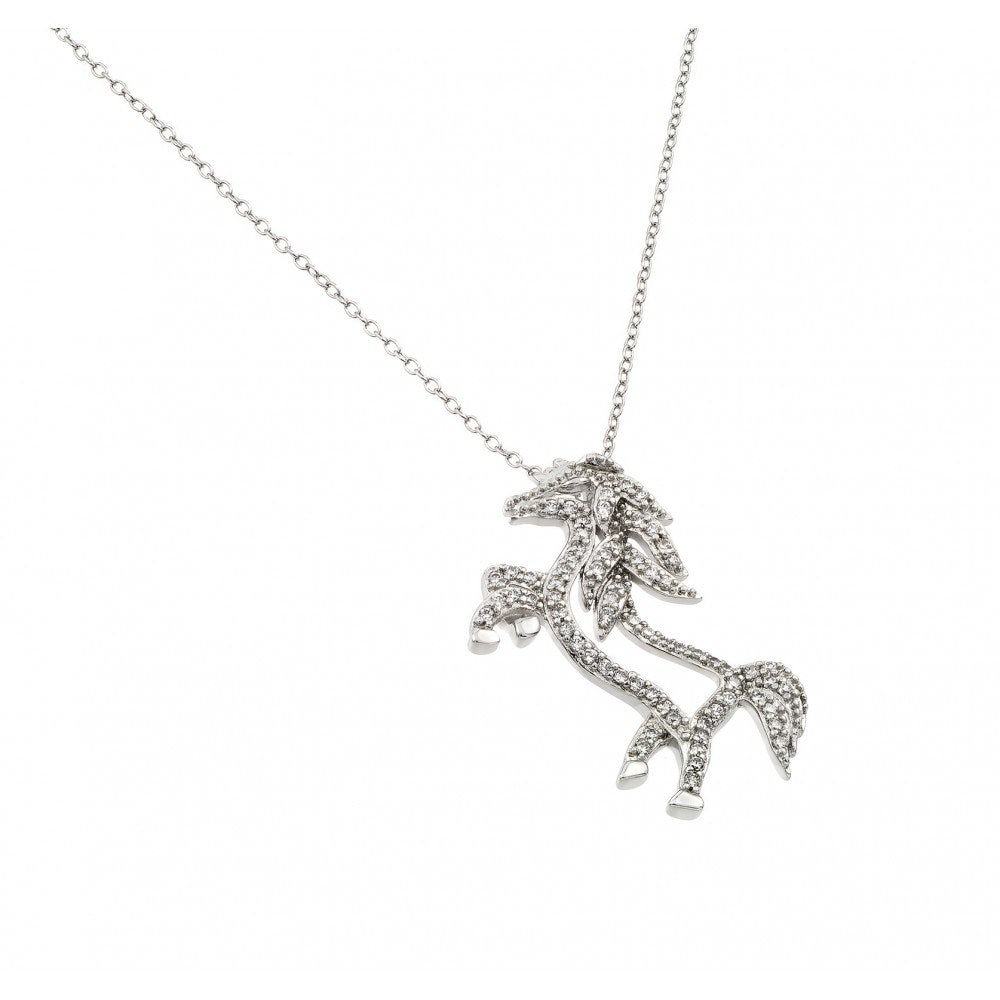 Sterling Silver Rhodium Plated Clear CZ Standing Horse Pendant Necklace���������