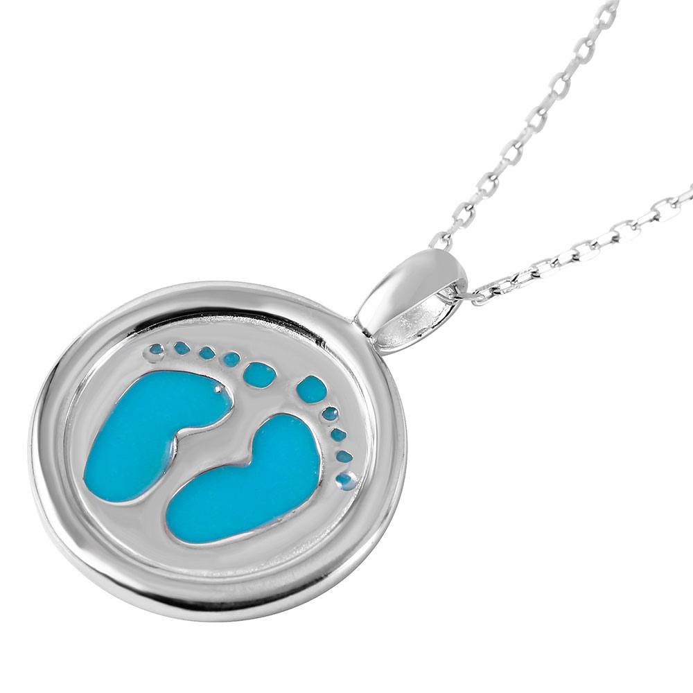 Rhodium Plated Sterling Silver Round Necklace with Blue Enamel Foot Print Stamp PendantAnd Chain Length of 16-20 inches