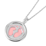 Rhodium Plated Sterling Silver Round Necklace with Pink Enamel Foot Print Stamp PendantAnd Chain Length of 16-20 inches