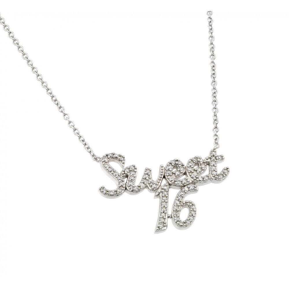 Sterling Silver Rhodium Plated Clear CZ Sweet 16 Necklace