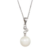 Sterling Silver Rhodium Plated Synthetic Pearl CZ Drop Necklace