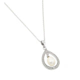 Sterling Silver Rhodium Plated Fresh Water Pearl Surrounded by Clear CZ Pendant Necklace