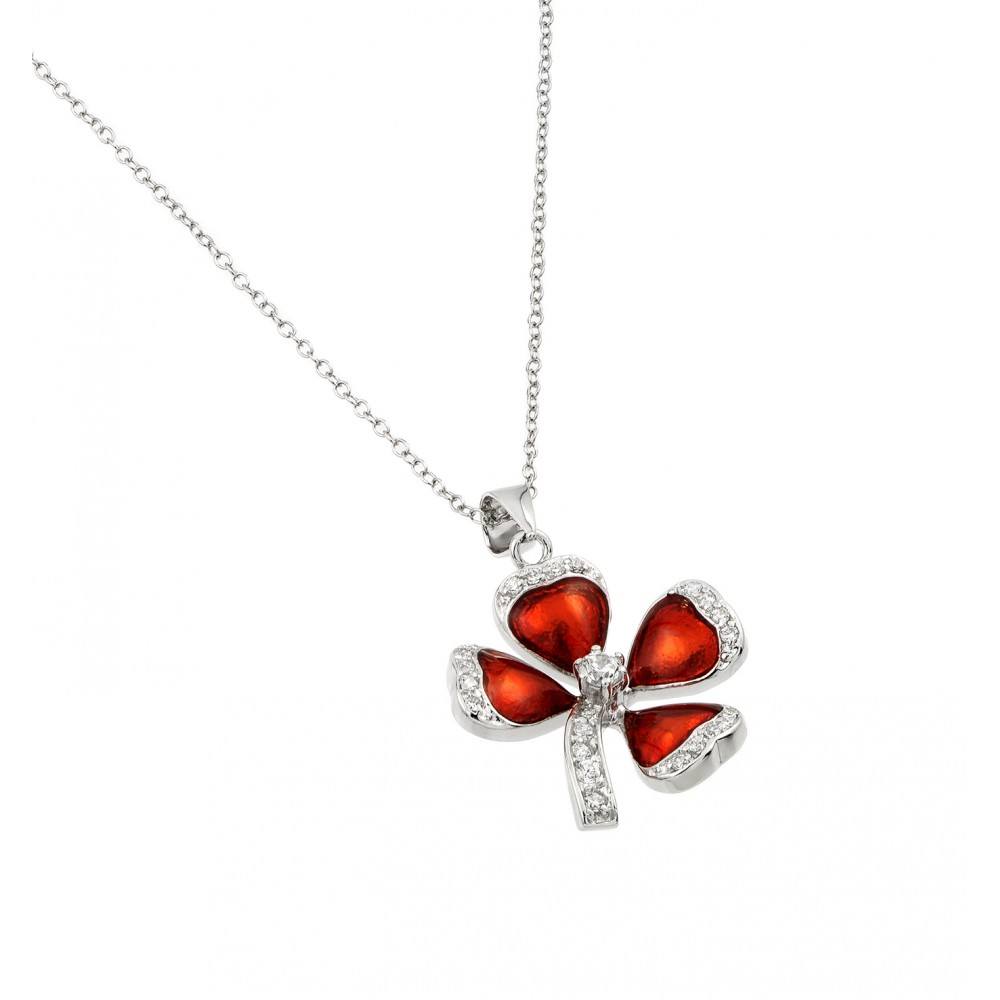 Sterling Silver Necklace with Fancy Red Clover Flower Inlaid with Clear Czs PendantAnd Pendant Dimensions of 25.2MMx22MM