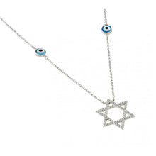 Load image into Gallery viewer, Nickel Free Rhodium Plated Fashionable Sterling Silver Star of David Necklace with Clear CZ Stones and Round EyesAnd Star Dimensions of 21MMx24MM