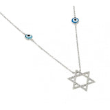 Nickel Free Rhodium Plated Fashionable Sterling Silver Star of David Necklace with Clear CZ Stones and Round EyesAnd Star Dimensions of 21MMx24MM