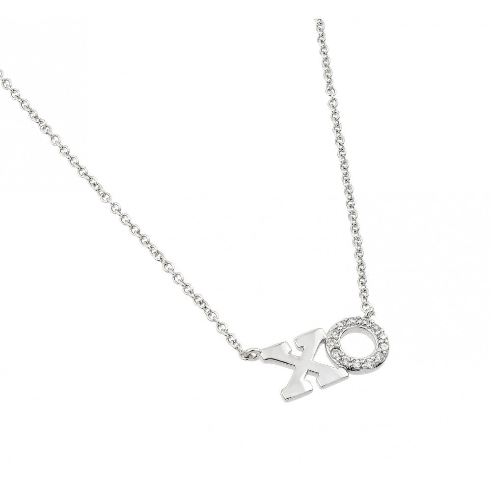 Sterling Silver Rhodium Plated Clear CZ XO Necklace