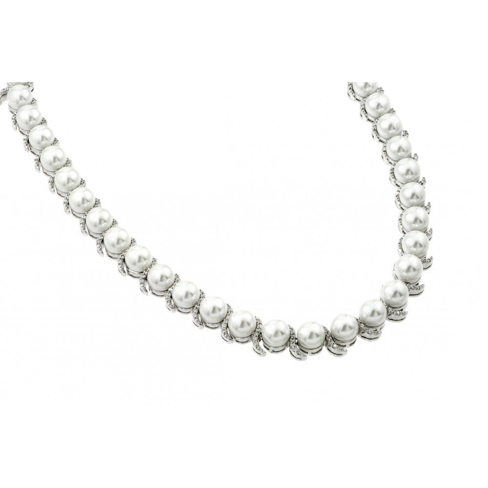 Rhodium Plated Sterling Silver Elegant Pearl Necklace with Paved CZ Curve Designs