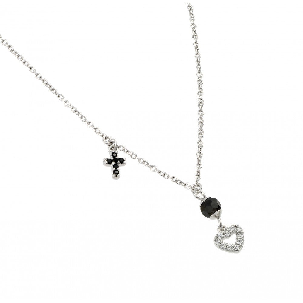 Nickel Free Rhodium Plated Sterling Silver Open Heart Paved CZ Stones with Round Black Diamond Cut CZ Stone and Onyx Cross Necklace
