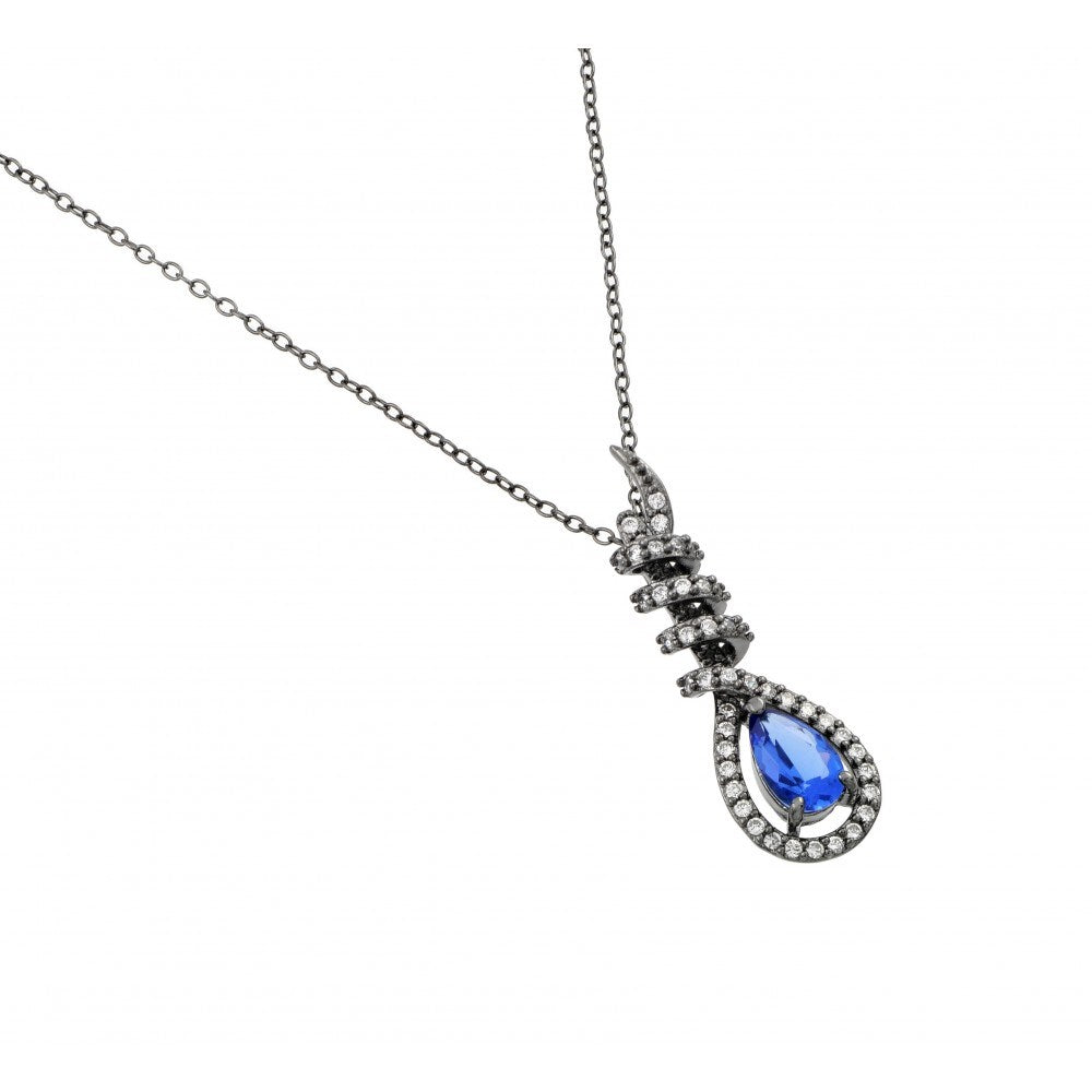 Nickel Free Rhodium Plated Sterling Silver Black Twirl Design Necklace with Blue Teardrop Stone