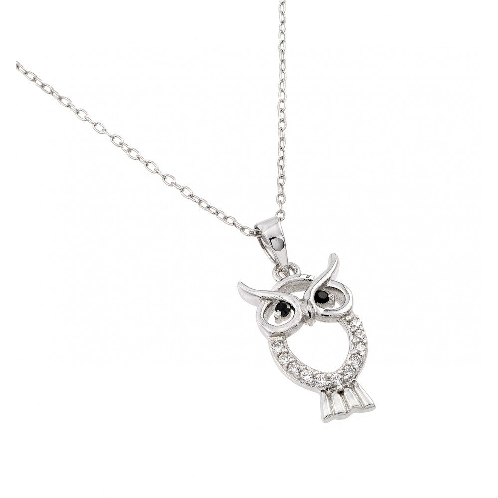 Nickel Free Rhodium Plated Sterling Silver Stylish Owl Necklace with Clear CZ StonesAnd Owl Dimension of 20MMx11MM