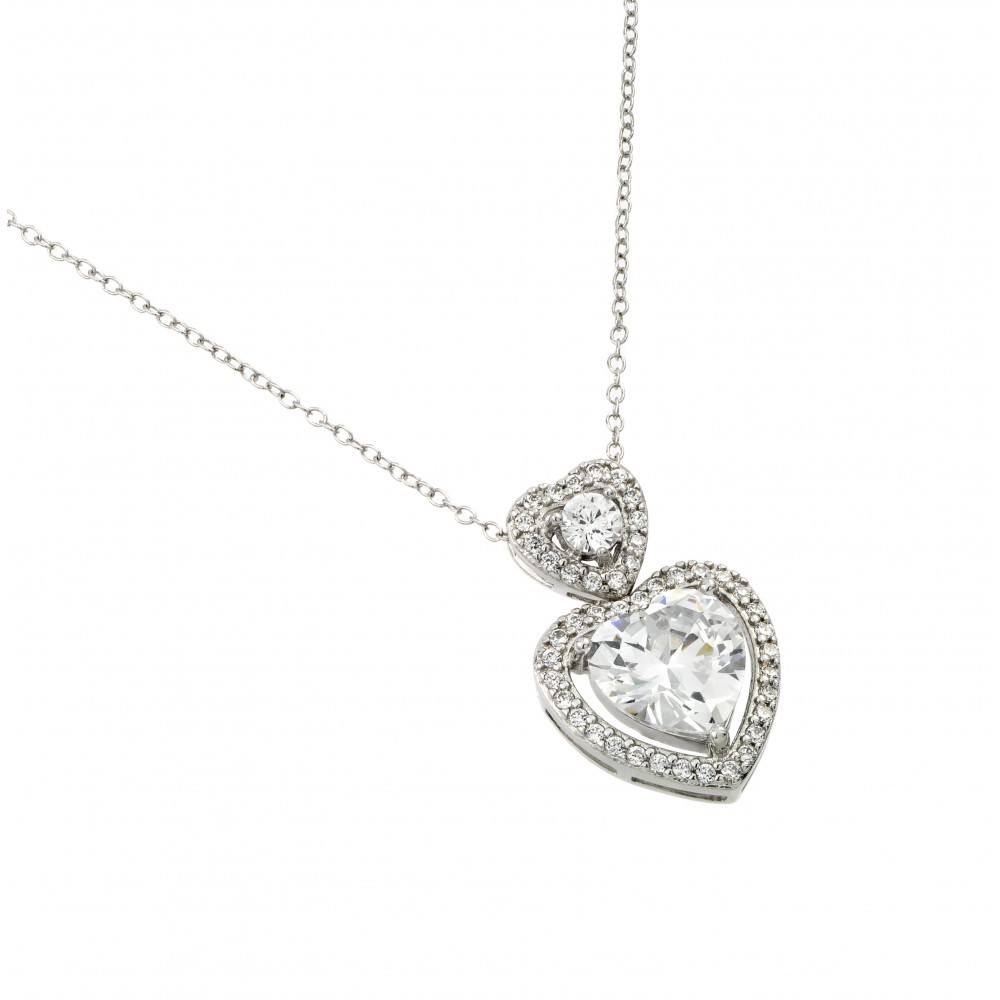 Nickel Free Rhodium Plated Sterling Silver Elegant Stacked Hearts Necklace with Round and Heart Shaped Clear CZ Stones