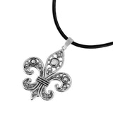 Sterling Silver Rhodium Plated Ornate Fleur De Lis with Leather Cord NecklaceAnd and Adjustable Leather Cord Length of 16-18 Inches