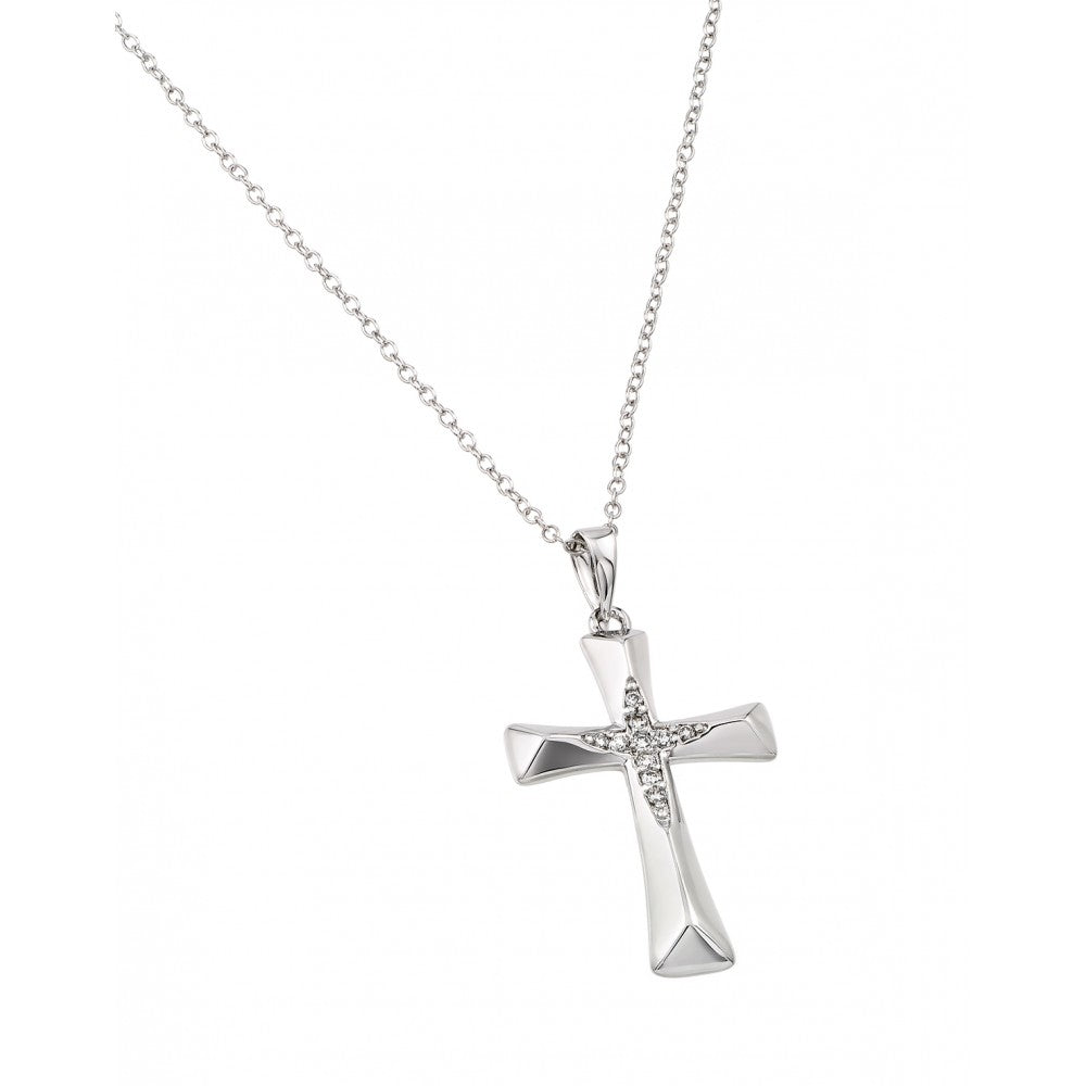 Sterling Silver Rhodium Plated Cross NecklaceAnd Paved with Small Clear CZ Stones in the Middle