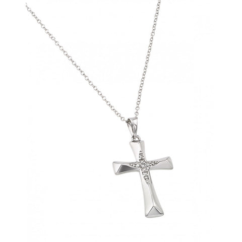 Sterling Silver Rhodium Plated Cross NecklaceAnd Paved with Small Clear CZ Stones in the Middle