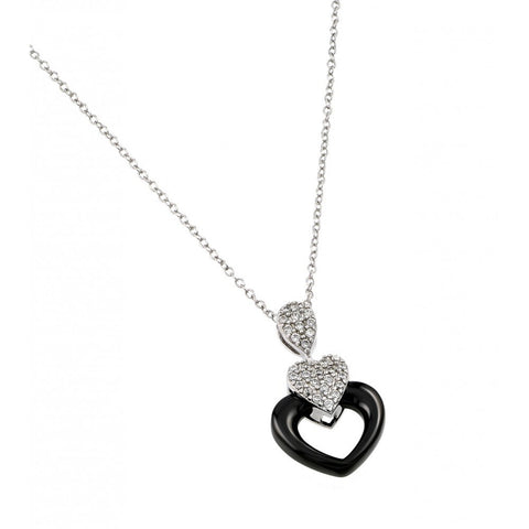 Nickel Free Rhodium Plated Open Heart Black Enamel Necklace with Heart and Pear Paved CZAnd Heart Dimension of 15MMx25MM