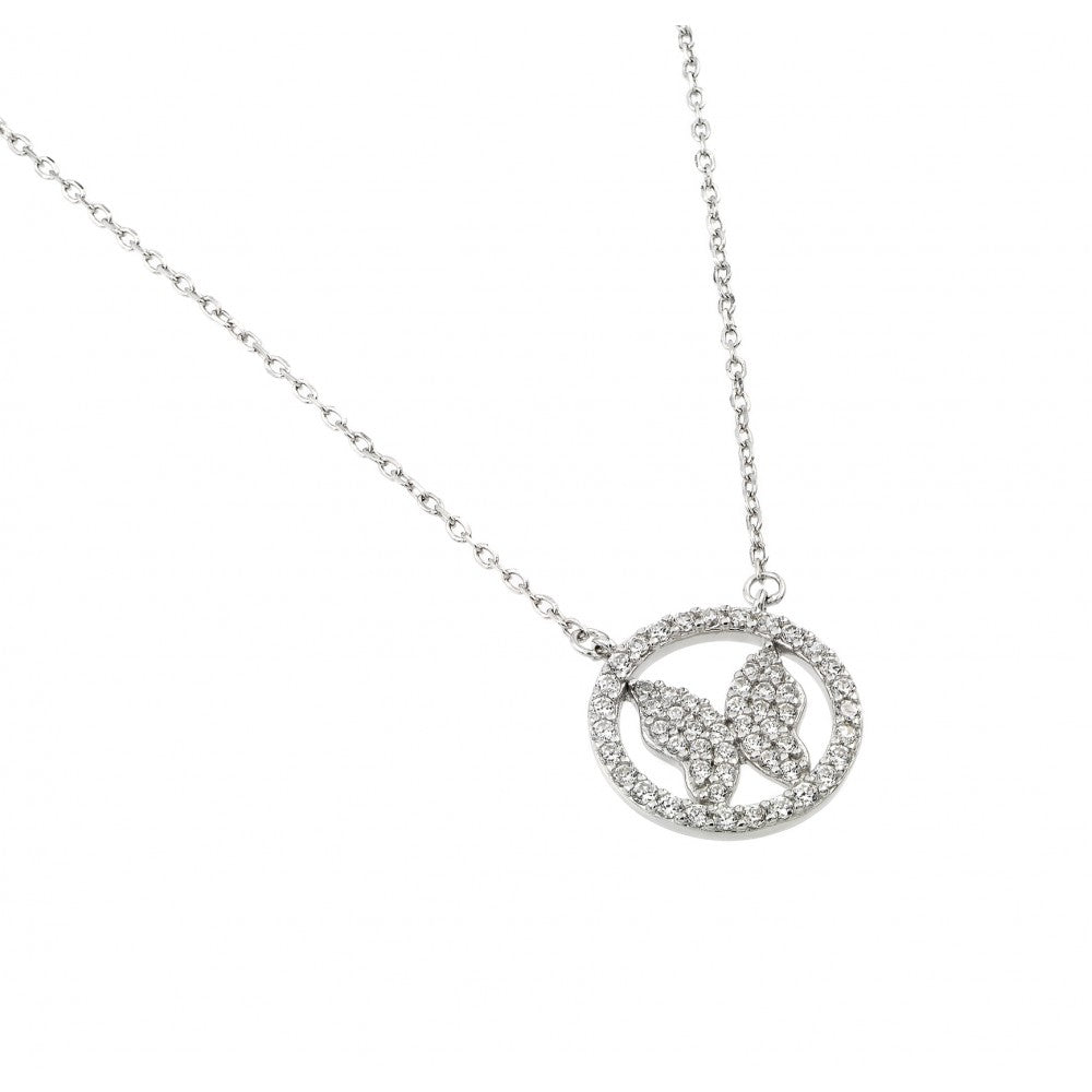 Rhodium Plated Sterling Silver Circle Butterly Paved with Clear CZ Stones NecklaceAnd Chain Length of 16   Plus 2  Extension