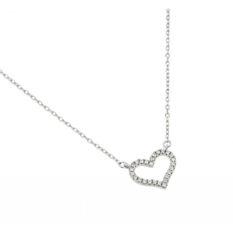 Nickel Free Rhodium Plated Sterling Silver Elegant Open Heart Necklace with Clear CZ Stones