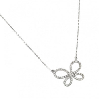 Nickel Free Rhodium Plated Sterling Silver Elegant Open Butterfly Necklace with Clear CZ Stones