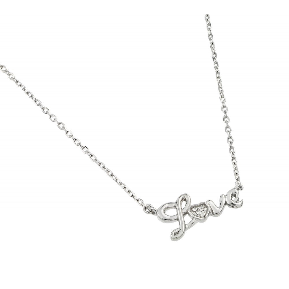 Nickel Free Rhodium Plated Sterling Silver Elegant Cursive Love Necklace with Clear CZ Stones