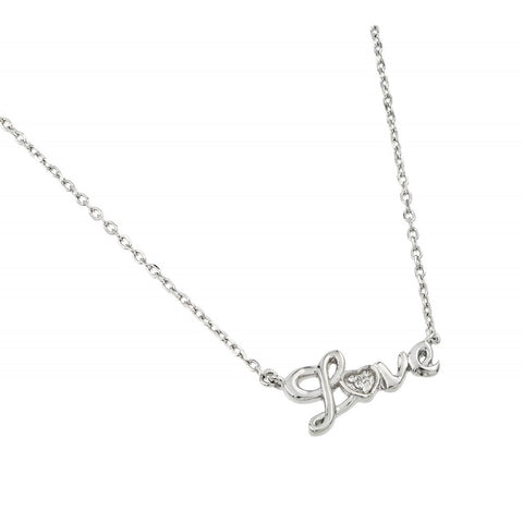 Nickel Free Rhodium Plated Sterling Silver Elegant Cursive Love Necklace with Clear CZ Stones