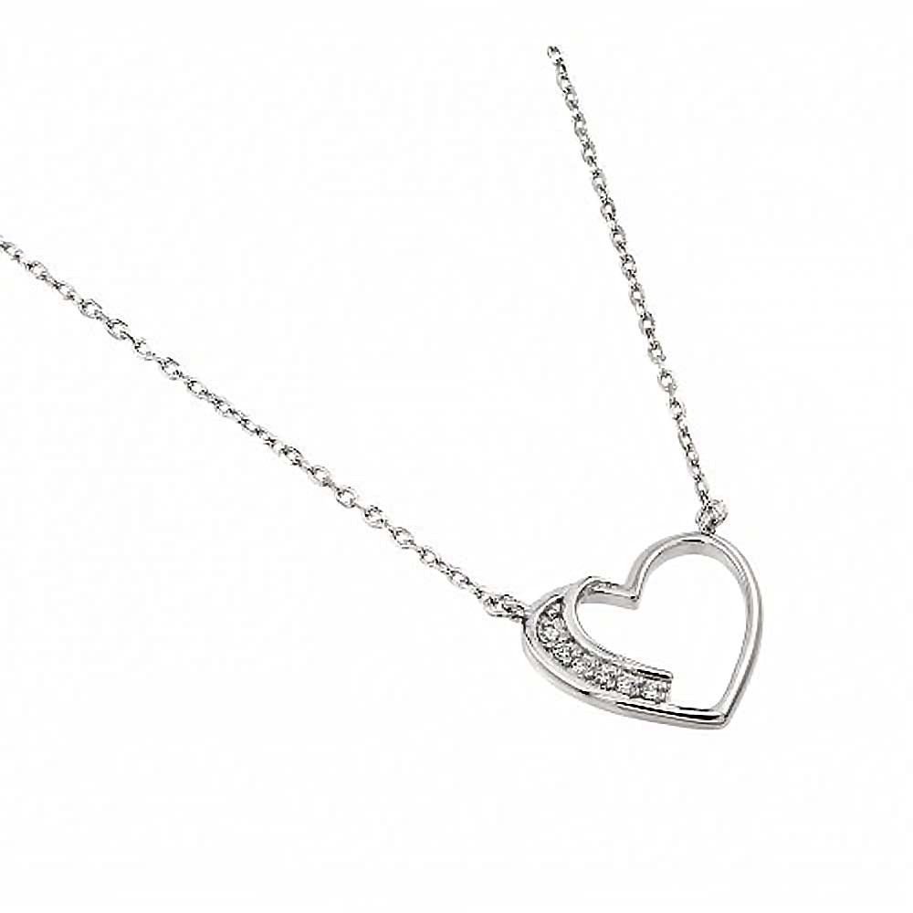 Nickel Free Rhodium Plated Sterling Silver Elegant Open Heart Necklace with Clear CZ Stones