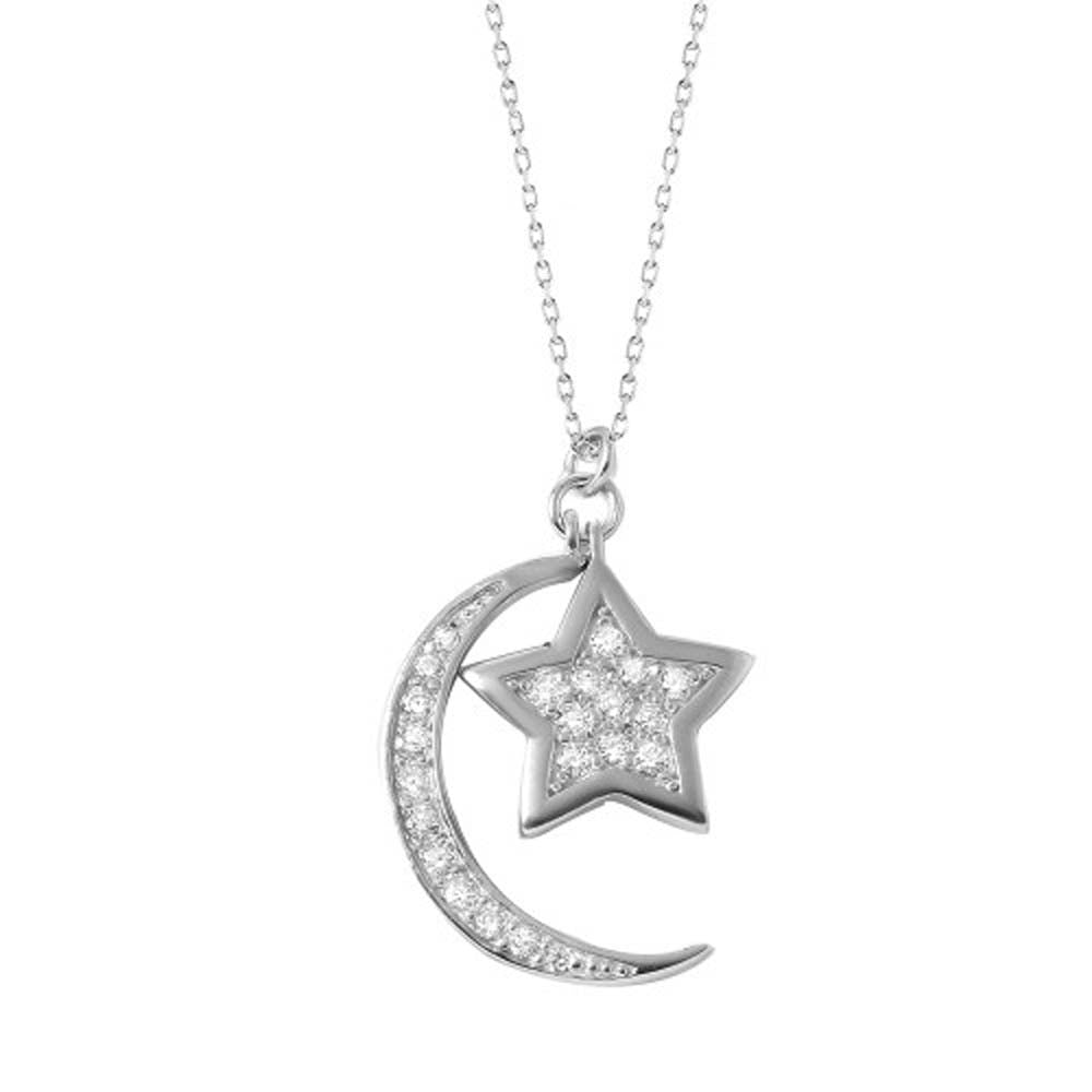 Sterling Silver Rhodium Plated Necklace with Paved Cz Moon and Star PendantAnd Spring Clasp ClosureAnd Length of 17