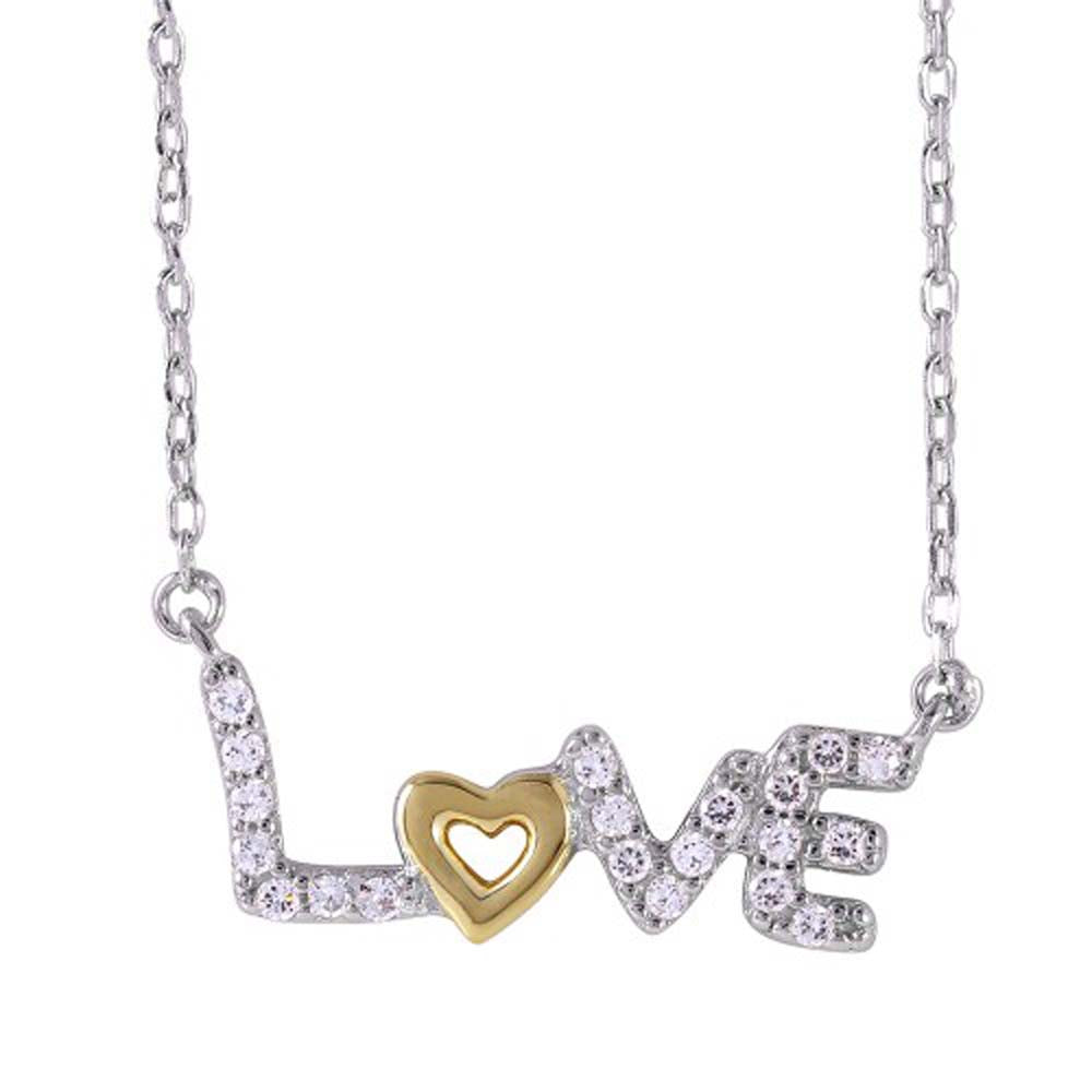 Sterling Silver Rhodium Plated Necklace with Two-Toned Fancy Love Pendant Inlaid with Clear Cz StonesAnd Lobster Clasp ClosureAnd Length of 16  with 2  extension