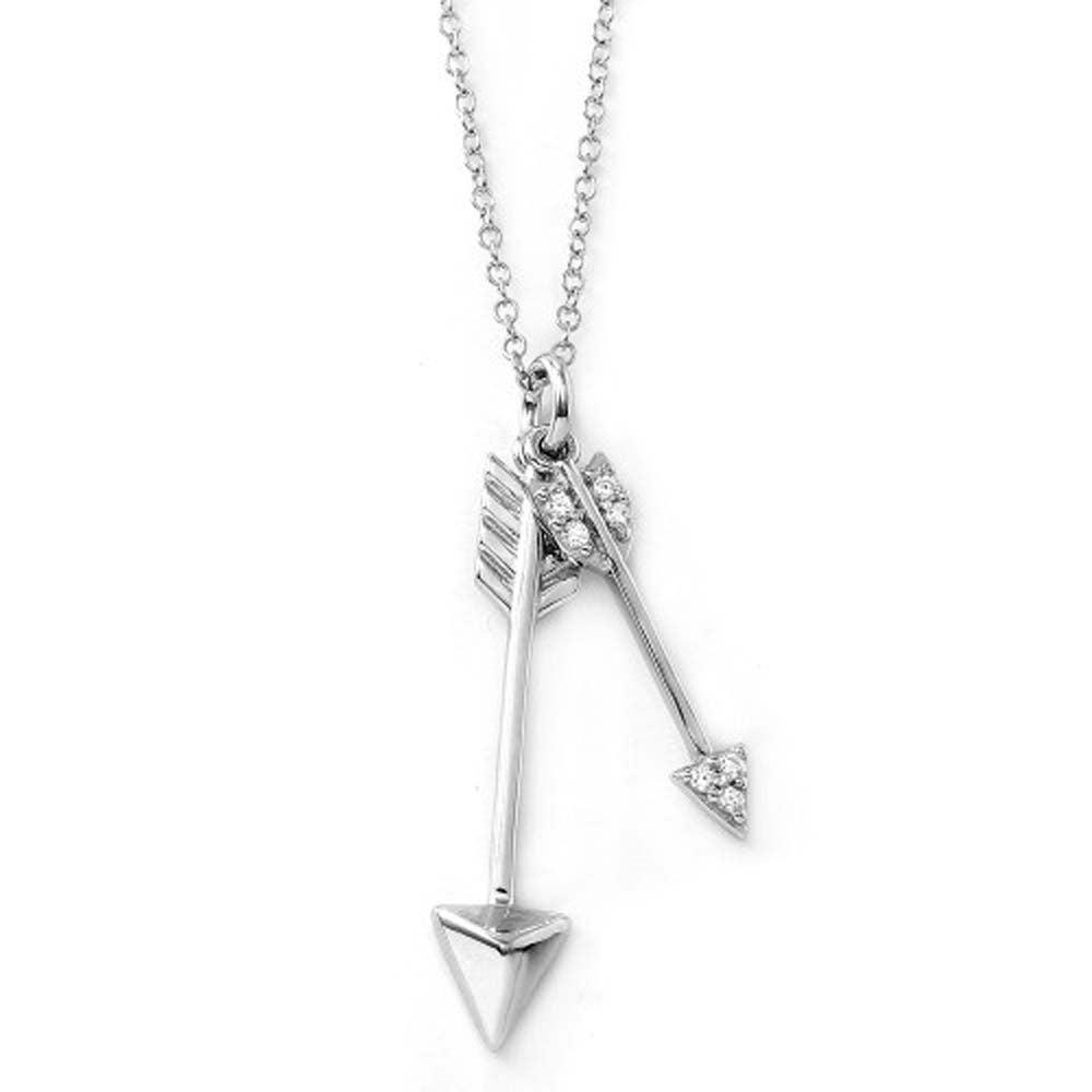 Sterling Silver Rhodium Plated Necklace with Two Arrows Pendant Inlaid with Clear Cz StonesAnd Spring Clasp ClosureAnd Length of 17