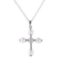 Load image into Gallery viewer, Sterling Silver Rhodium Plated Necklace with Pearl Cross Pendant Centered with Clear Cz StonesAnd Length of 17