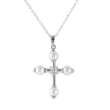 Sterling Silver Rhodium Plated Necklace with Pearl Cross Pendant Centered with Clear Cz StonesAnd Length of 17