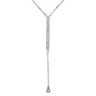 Sterling Silver Rhodium Plated Necklace with Dangling Cz Bar and Round Charm PendantAnd Spring Clasp ClosureAnd Length of 16  with 2  extension