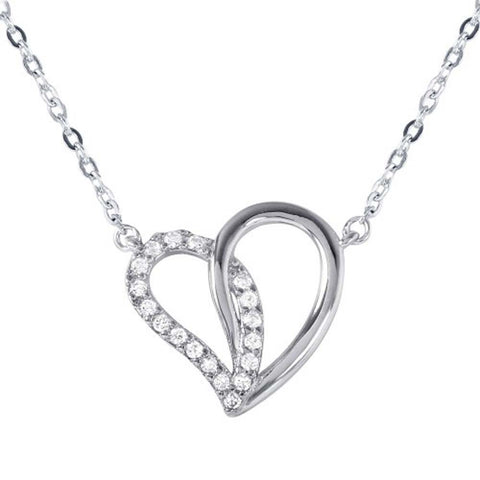 Sterling Silver Trendy Necklace with Open Heart Pendant Inlaid with Clear Cz StonesAnd Spring Clasp ClosureAnd Length of 17