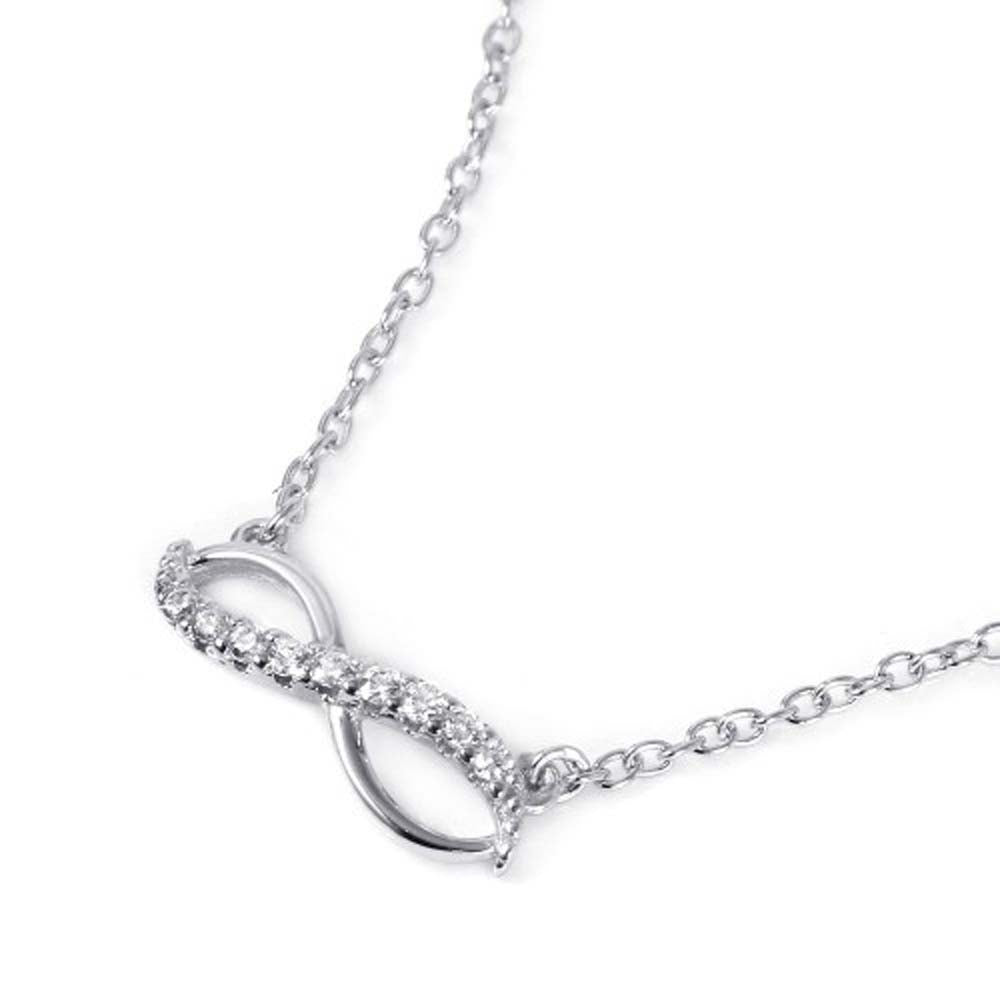 Sterling Silver Infinity Symbol Pendant Inlaid with Clear Cz Stones Necklace, Length of 16"+2" Extension