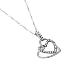 Load image into Gallery viewer, Sterling Silver Rhodium Plated Necklace with Double Open Heart Pendant Inlaid with Clear Cz StonesAnd Spring Clasp ClosureAnd Length of 17