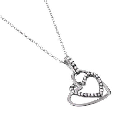 Sterling Silver Rhodium Plated Necklace with Double Open Heart Pendant Inlaid with Clear Cz StonesAnd Spring Clasp ClosureAnd Length of 17