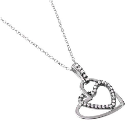 Sterling Silver Rhodium Plated Necklace with Double Open Heart Pendant Inlaid with Clear Cz StonesAnd Spring Clasp ClosureAnd Length of 17