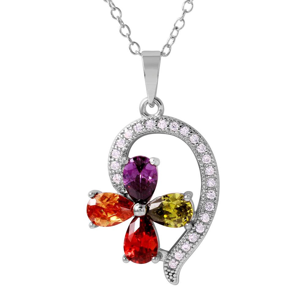 Sterling Silver Rhodium Plated Stylish Multicolor CZ Flower Necklace with Curve DesignAnd Chain Length of 16  + 1  Extension