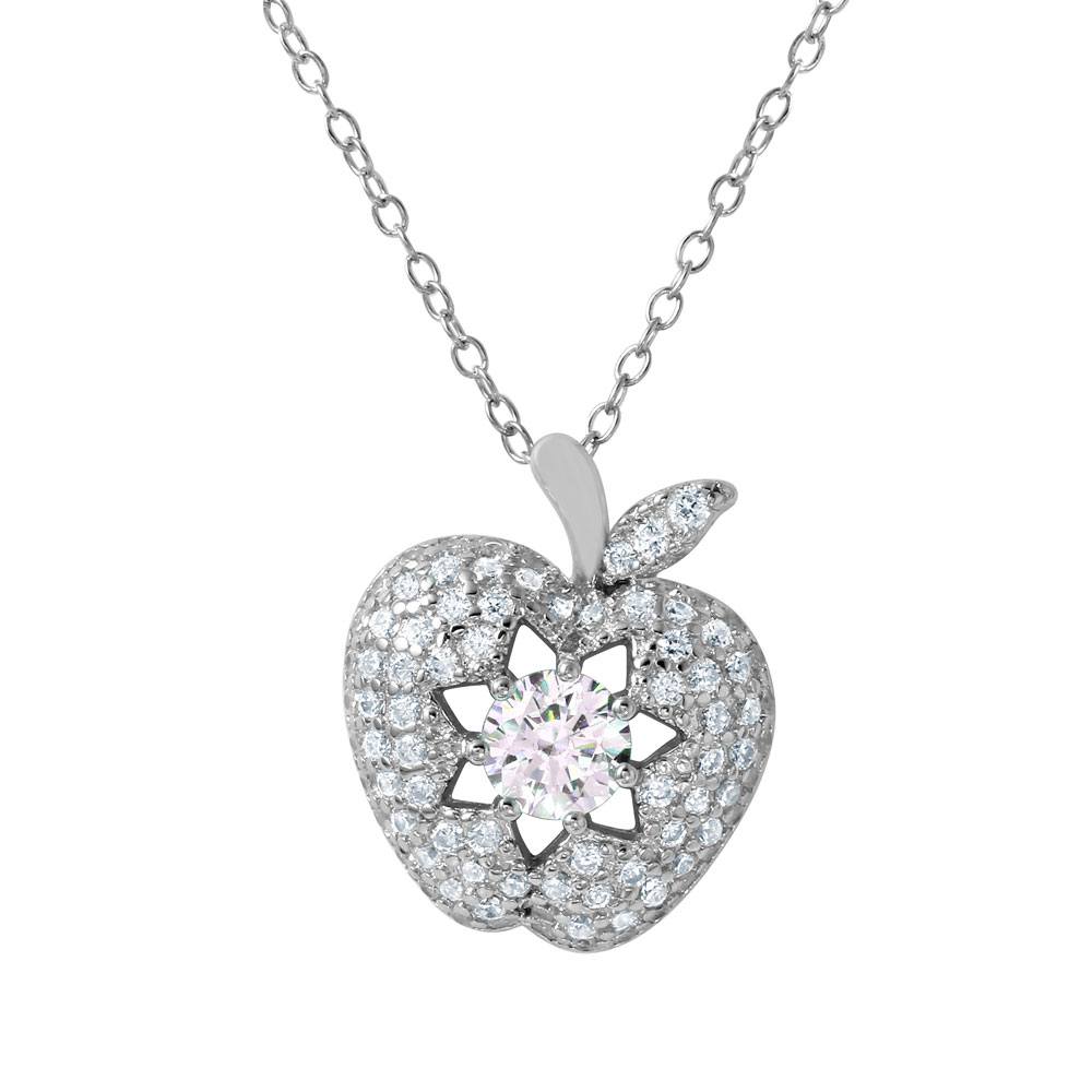 Sterling Silver Rhodium Plated Stylish Apple Necklace with Star DesignAnd Paved with CZ StonesAnd Chain Length of 16   1  Extension