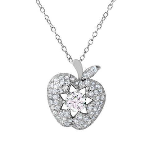 Sterling Silver Rhodium Plated Stylish Apple Necklace with Star DesignAnd Paved with CZ StonesAnd Chain Length of 16   1  Extension