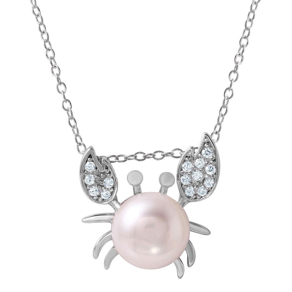 Sterling Silver Rhodium Plated Pink Pearl Crab Necklace with Clear CZ Stones ClawsAnd Spring Ring Clasp and Chain Length of 16  Plus 1  Extension