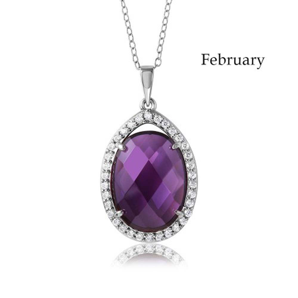 Sterling Silver Rhodium Plated Teardrop Halo February Birthstone Necklace With Amethyst And Clear CZ
