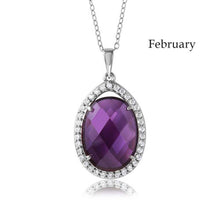 Load image into Gallery viewer, Sterling Silver Rhodium Plated Teardrop Halo February Birthstone Necklace With Amethyst And Clear CZ