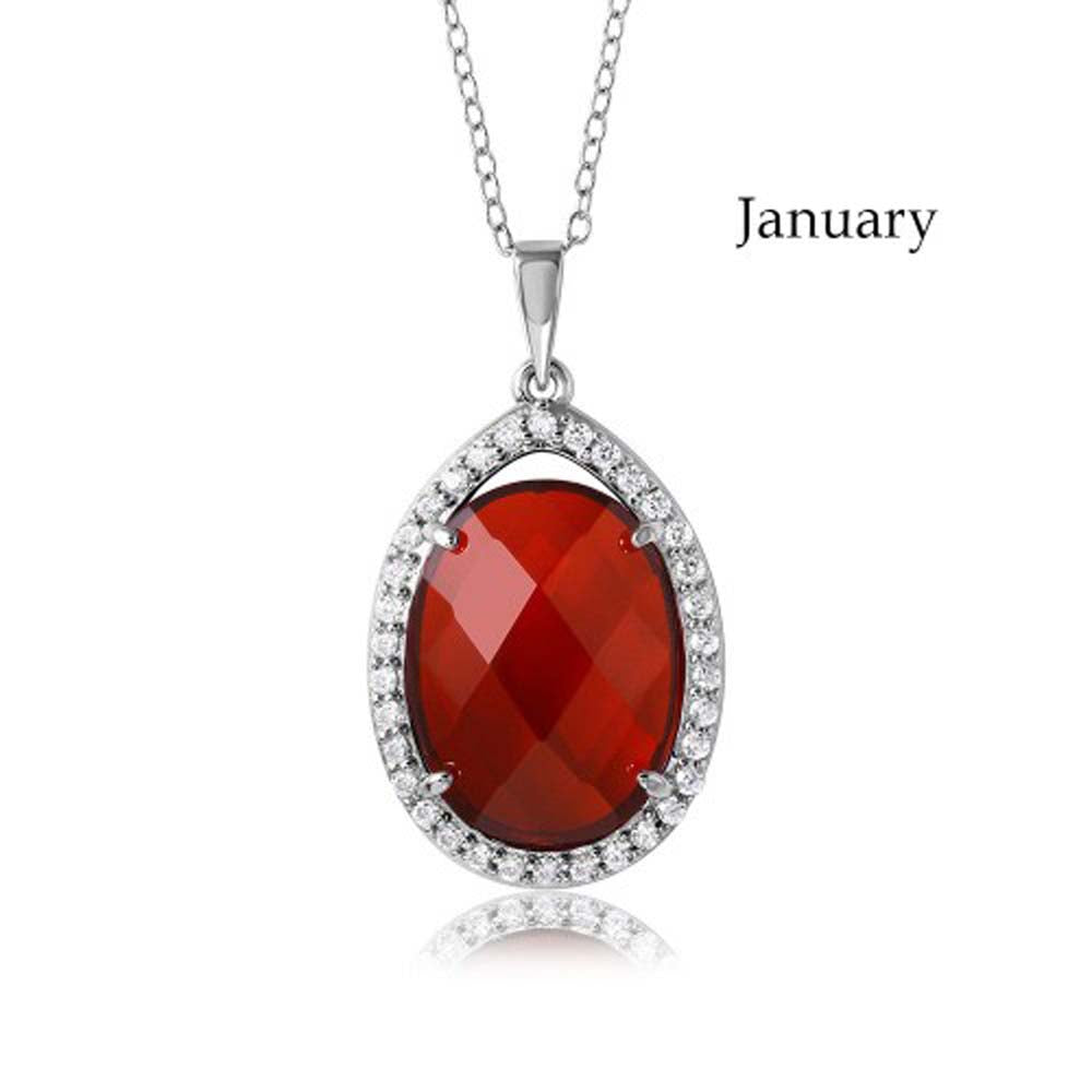 Sterling Silver Rhodium Plated Teardrop Halo January Birthstone Necklace With Garnet And Clear CZ