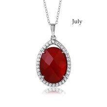 Load image into Gallery viewer, Sterling Silver Rhodium Plated Teardrop Halo July Birthstone Necklace With Ruby And Clear CZ