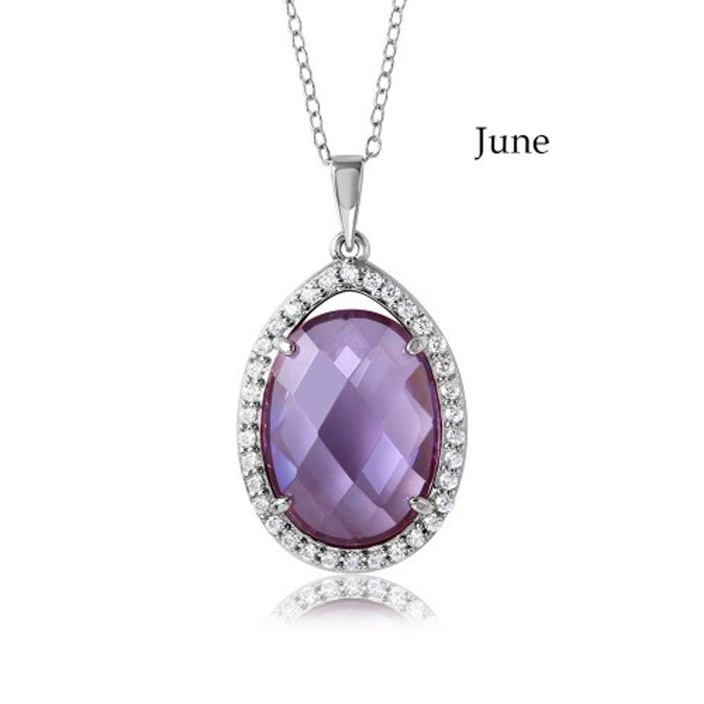 Sterling Silver Rhodium Plated Teardrop Halo June Birthstone Necklace With Alexandrite And Clear CZ